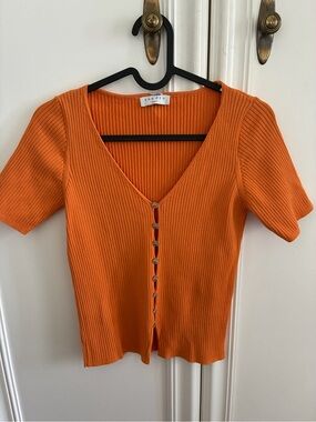 Sandro Orange Ribbed V-Neck Short Sleeve Button-Up Top